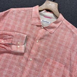 Tommy Bahama Linen Shirt Mens 3XL Salmon Long Sleeves Button Up Check Coastal